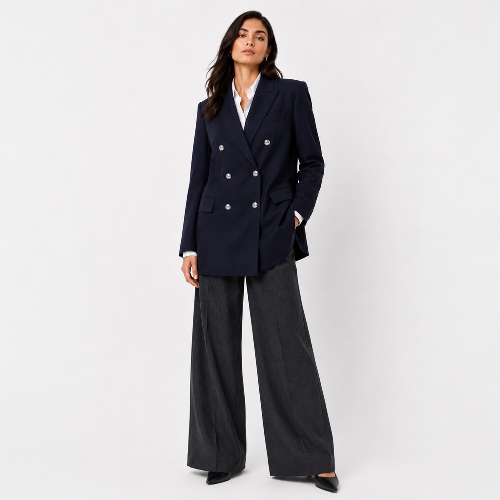 NWT Ann Taylor Modern Double Breasted Blazer Sz 14 Oversized Blue Silver Button
